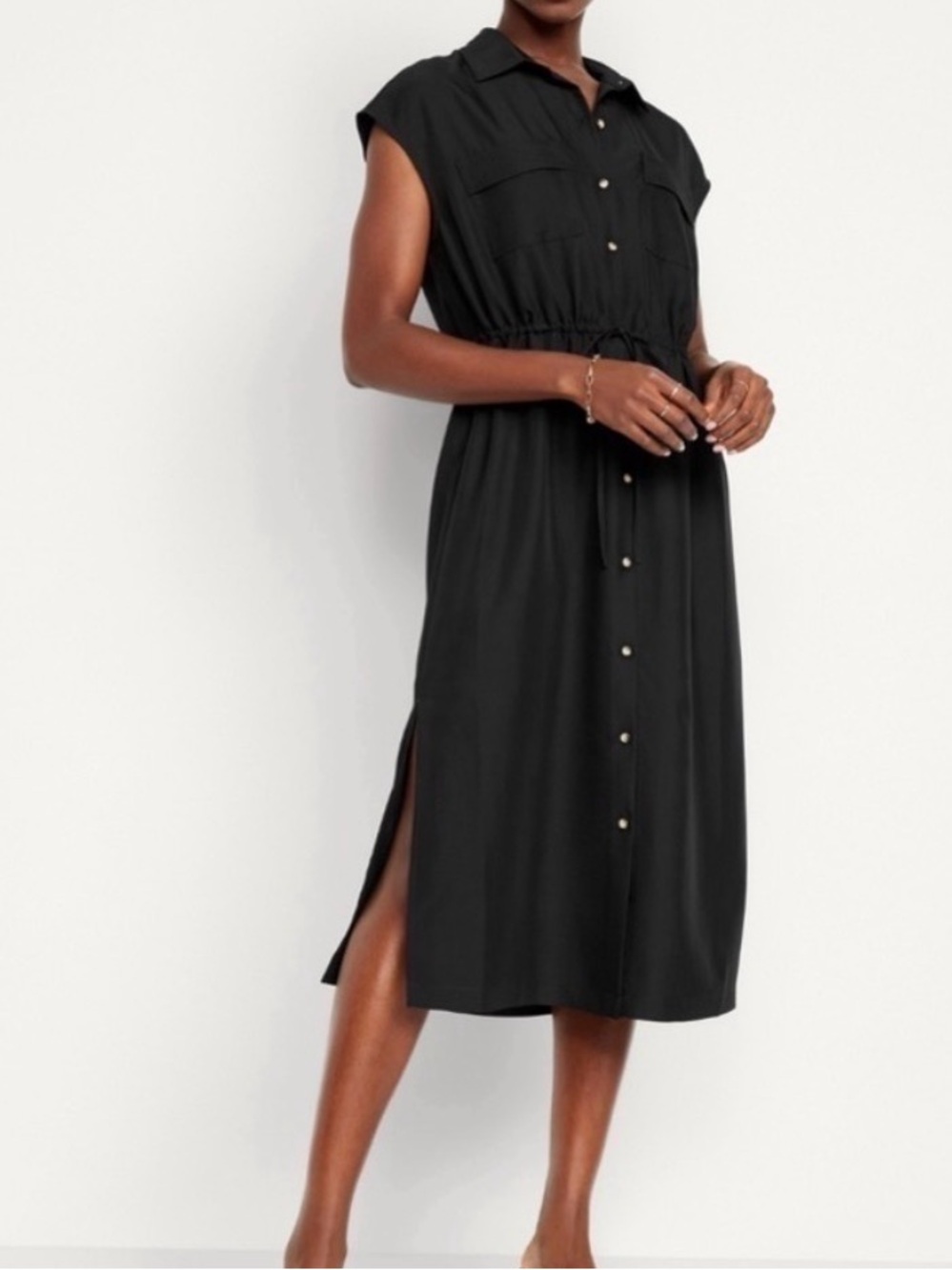 Old Navy Black Sleeveless Button-Front Midi Shirt Dress